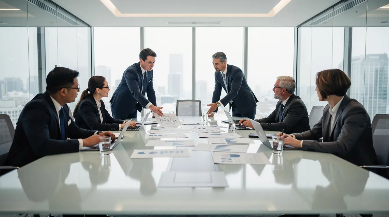 Des professionnels d'entreprise se réunissent dans une salle de réunion autour d'une table, discutant de documents importants liés au comité social et économique (CSE) et à la mise en place de nouvelles initiatives pour améliorer les conditions de travail des salariés. L'atmosphère est collaborative, mettant en avant la représentation du personnel et les missions du comité.